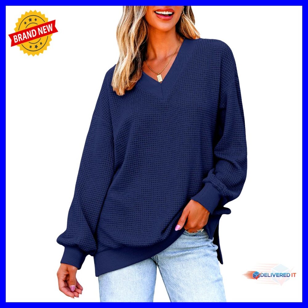 Oversized V Neck Waffle Knit Pullover Sweater Lantern Sleeves Chic Minimal